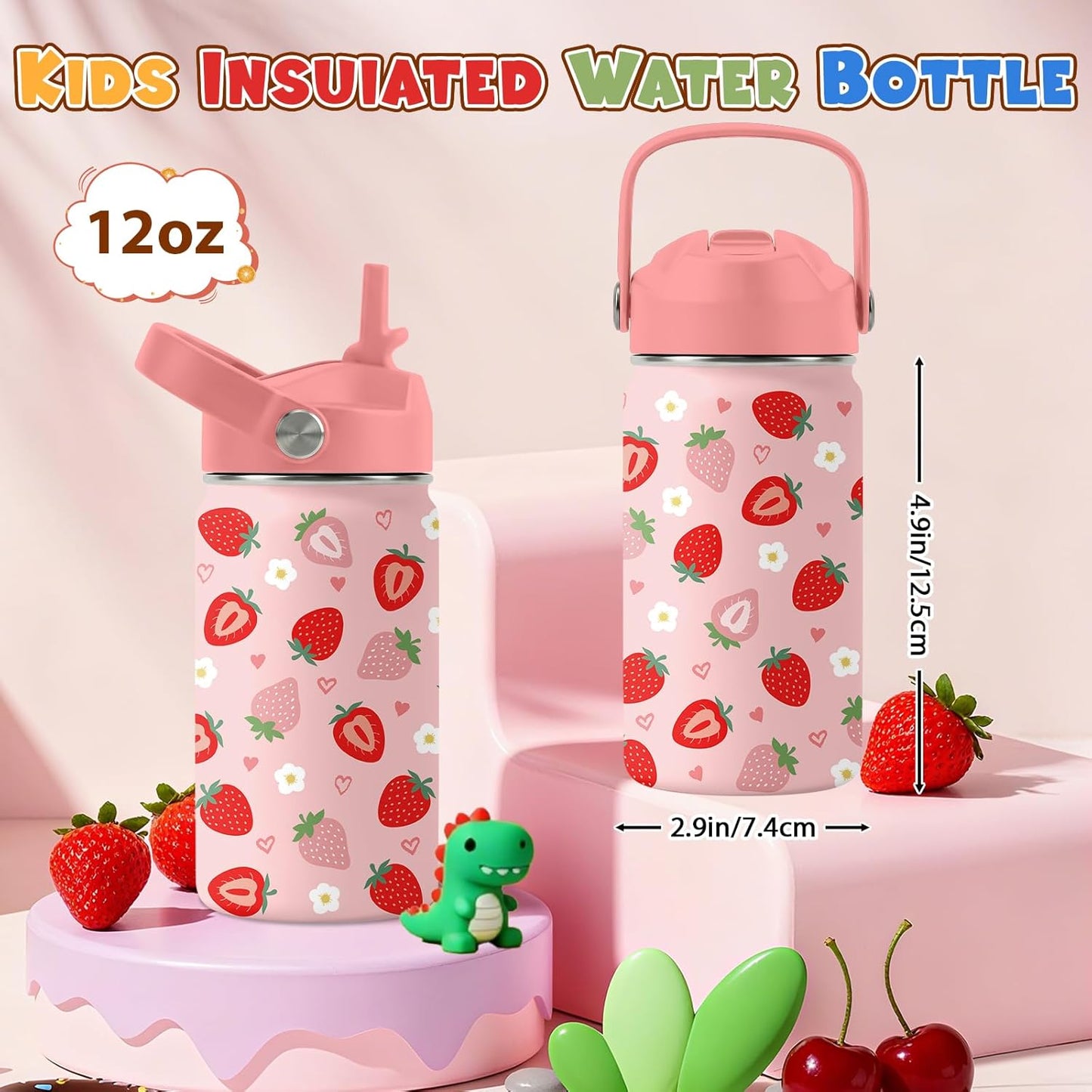 Strawberry Gifts for Kids - 16oz Pink Kids Water Bottle with Straw Lid, Stainless Steel Insulated Water Bottle, Leakproof, BPA-Free, for Girls, School, Strawberry Lover Children Birthday Gift Cup(1pc)