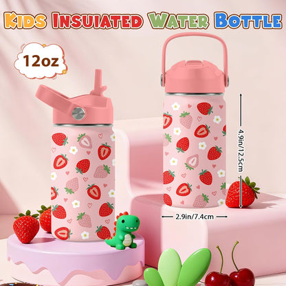 Strawberry Gifts for Kids - 16oz Pink Kids Water Bottle with Straw Lid, Stainless Steel Insulated Water Bottle, Leakproof, BPA-Free, for Girls, School, Strawberry Lover Children Birthday Gift Cup(1pc)