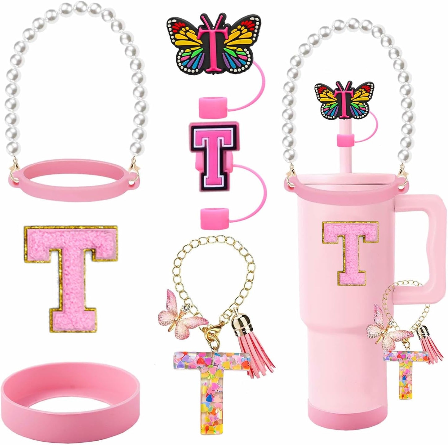 7pcs Cup Accessories for Stanley 30/40oz Tumbler, Handle Strap, Straw Cover, Silicone Boot, Letter Charm Stickers