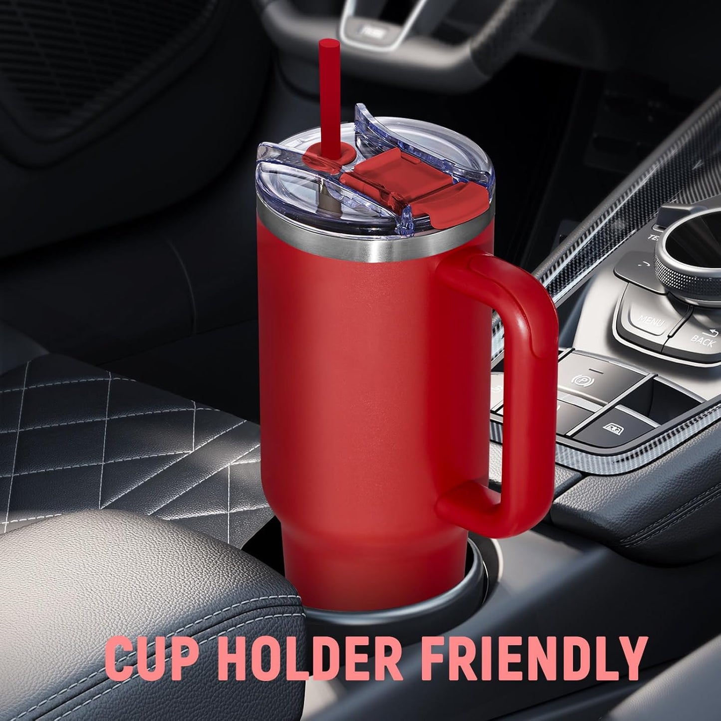 40 oz Tumbler with Handle and Straw Lid,Insulated Reusable Stainless Steel Water Bottle Travel Mug，Cupholder Friendly Double Wall Vacuum Sealed Cup (Black)