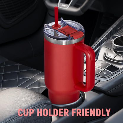 40 oz Tumbler with Handle and Straw Lid,Insulated Reusable Stainless Steel Water Bottle Travel Mug，Cupholder Friendly Double Wall Vacuum Sealed Cup (Black)