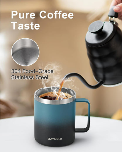 RAYMYLO Insulated Coffee Mug 12 oz, Double Wall Stainless Steel Coffee Mug with Lids, Leak-Proof & Detachable Slider Lid for Thorough Clean, Keeps Coffee Cold for 9 Hrs, Suitable for Camp Home Office