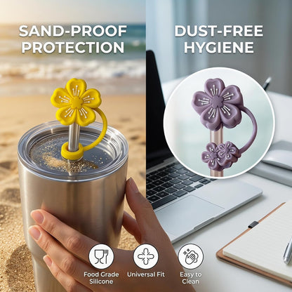 BTYHAOS Silicone Straw Caps for 10mm Tumblers | Reusable Dust-Proof Straw Toppers Compatible with Stanley 30oz & 40oz Tumblers (Purple Flower 3pc)