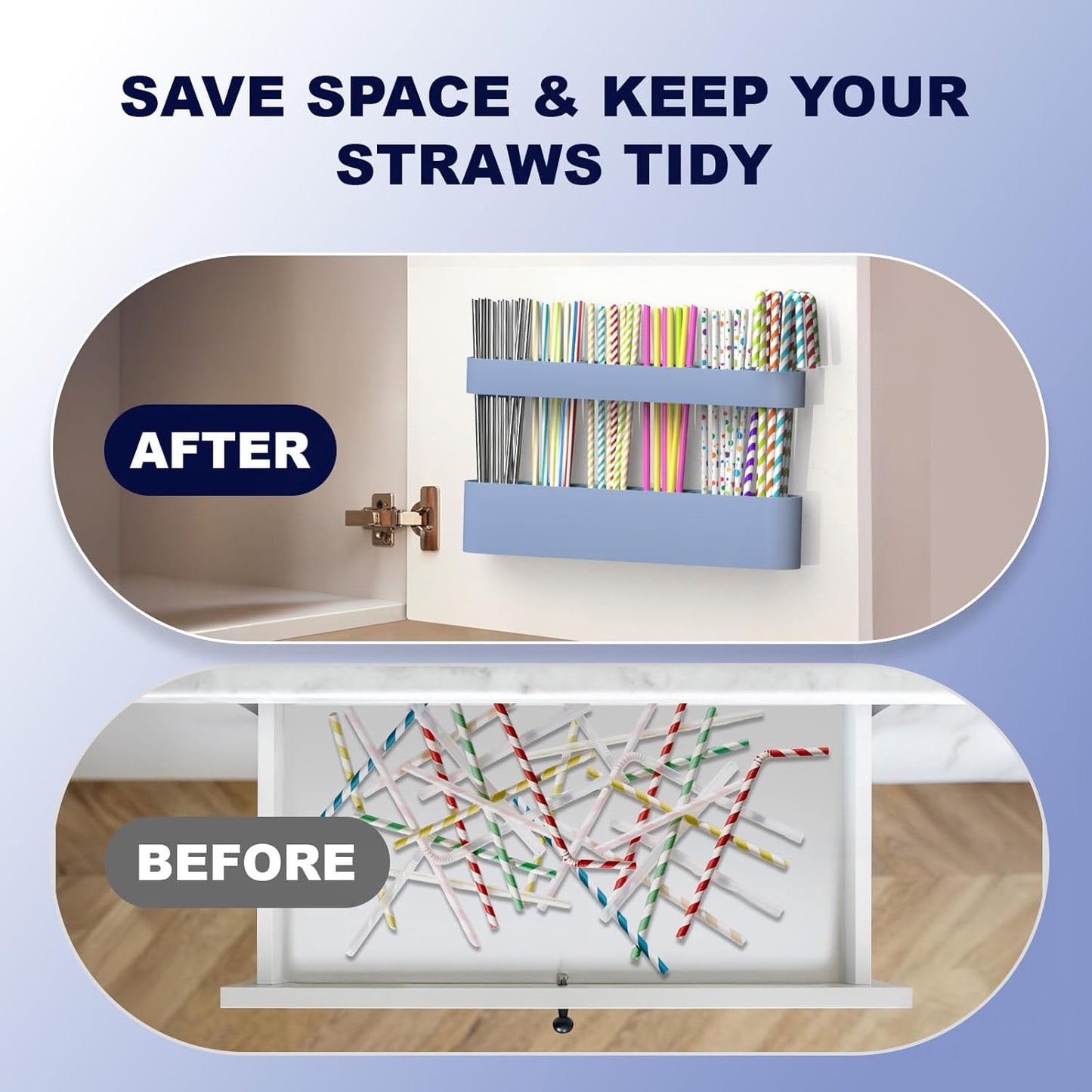 Silicone Straw Holder for Cabinet with Adhesive Tape, Straw Holder for Counter, Storage Organizer for Tumbler Drinking Straws, Cabinet Door Mounted Kitchen Countertop Cupboard Accessories (Blue)