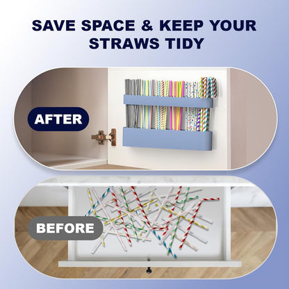 Silicone Straw Holder for Cabinet with Adhesive Tape, Straw Holder for Counter, Storage Organizer for Tumbler Drinking Straws, Cabinet Door Mounted Kitchen Countertop Cupboard Accessories (Blue)