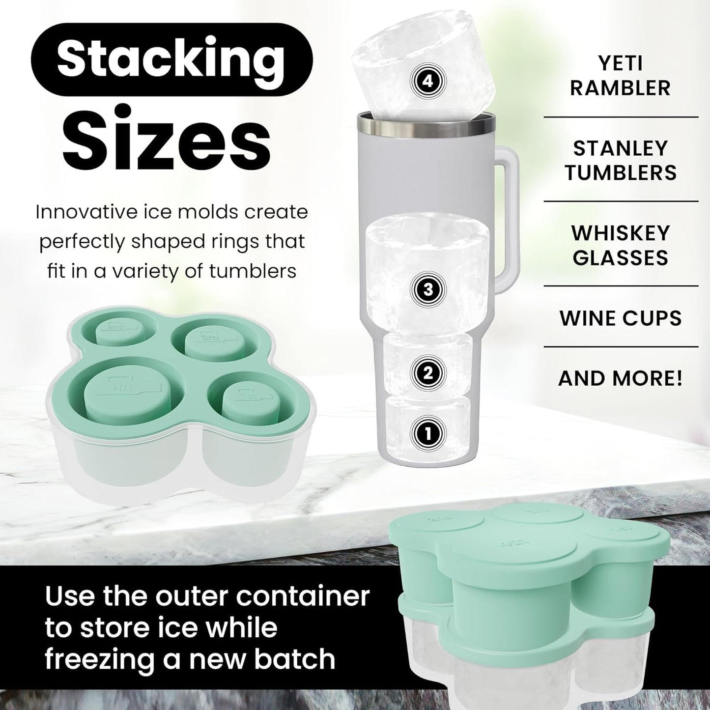 4-Ring Silicone Ice Cube Tray for Stanley Cup with Lid and Metal Reusable Straws - Stanley Ice Mold - Stanley Cup Ice Mold - Stanley Cup Ice Cube Mold for 14-40 oz Tumbler, Whiskey, Cocktails, Drinks