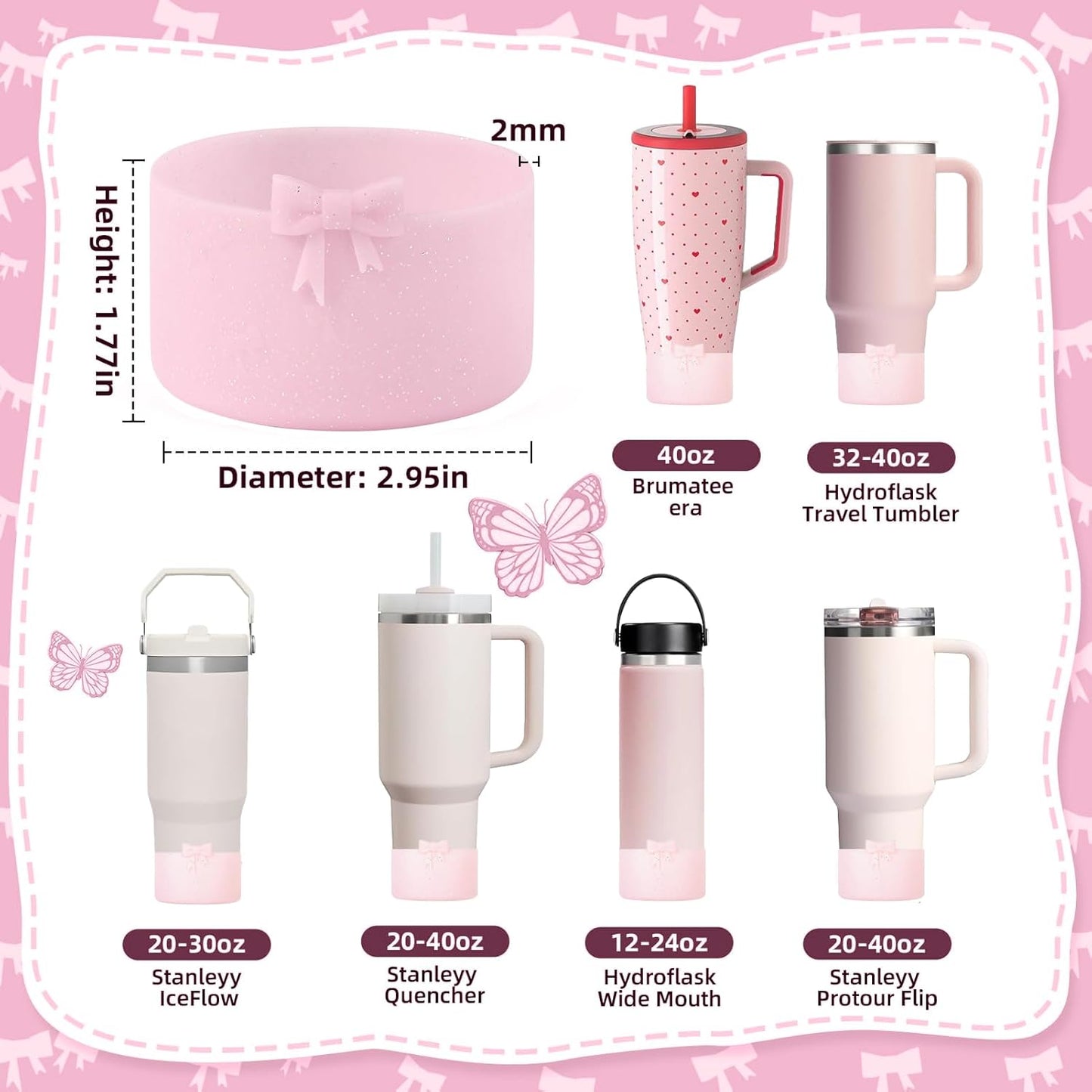 2PCS Bow Silicone Boot for Stanley Quencher Tumbler 30oz 40oz & IceFlow 20oz 30oz& Hydro Flask Water Bottle 12-24 oz Protective Bottom Sleeve Cover for Stanley Cup Accessories& Owala 24oz