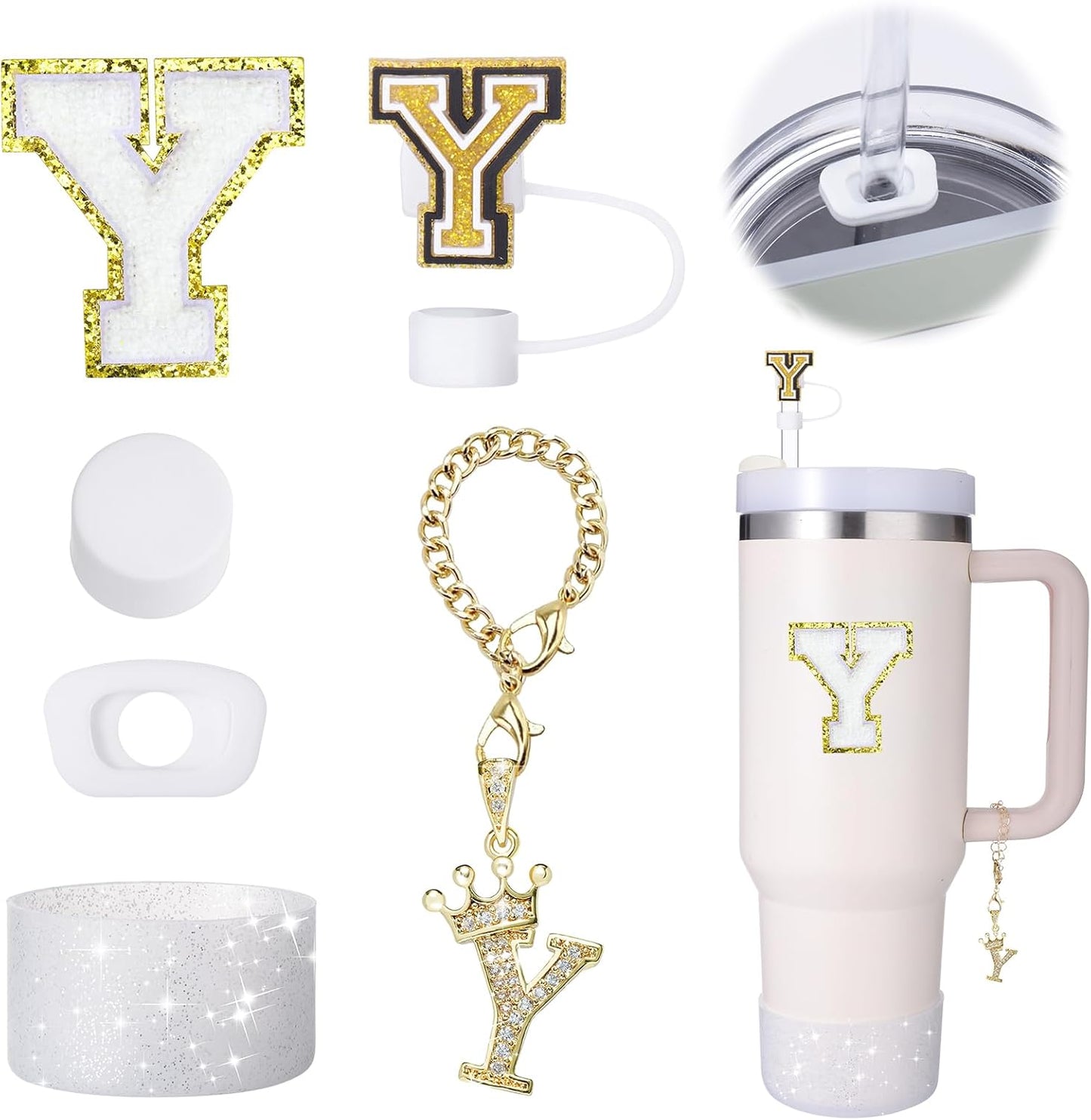 Mity Rain 6pc Cup Accessories Set for Stanley 30 oz & 40 oz Tumbler with Handle, Including Straw Cover Cap, Cup Initials Charm, Silicone Boot, Round & Square Spill Proof Stopper
