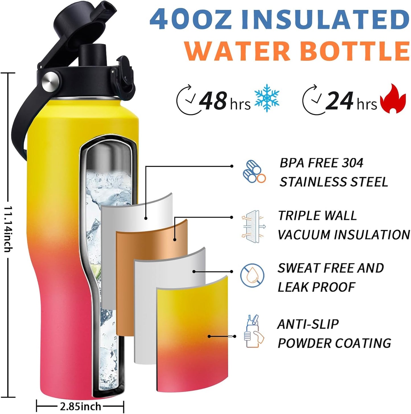 Insulated Water Bottle 40 oz - Fits in any Car Cup Holder, Keep Cold 48H Hot 24H, Stainless Steel Waterbottle Double Wall Flask with Straw, Pop-up Spout Lid, Paracord Handle, Carrier Bag