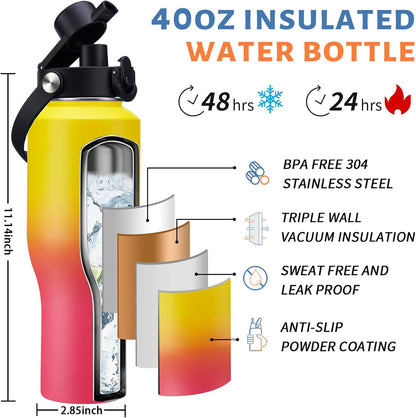 Insulated Water Bottle 40 oz - Fits in any Car Cup Holder, Keep Cold 48H Hot 24H, Stainless Steel Waterbottle Double Wall Flask with Straw, Pop-up Spout Lid, Paracord Handle, Carrier Bag