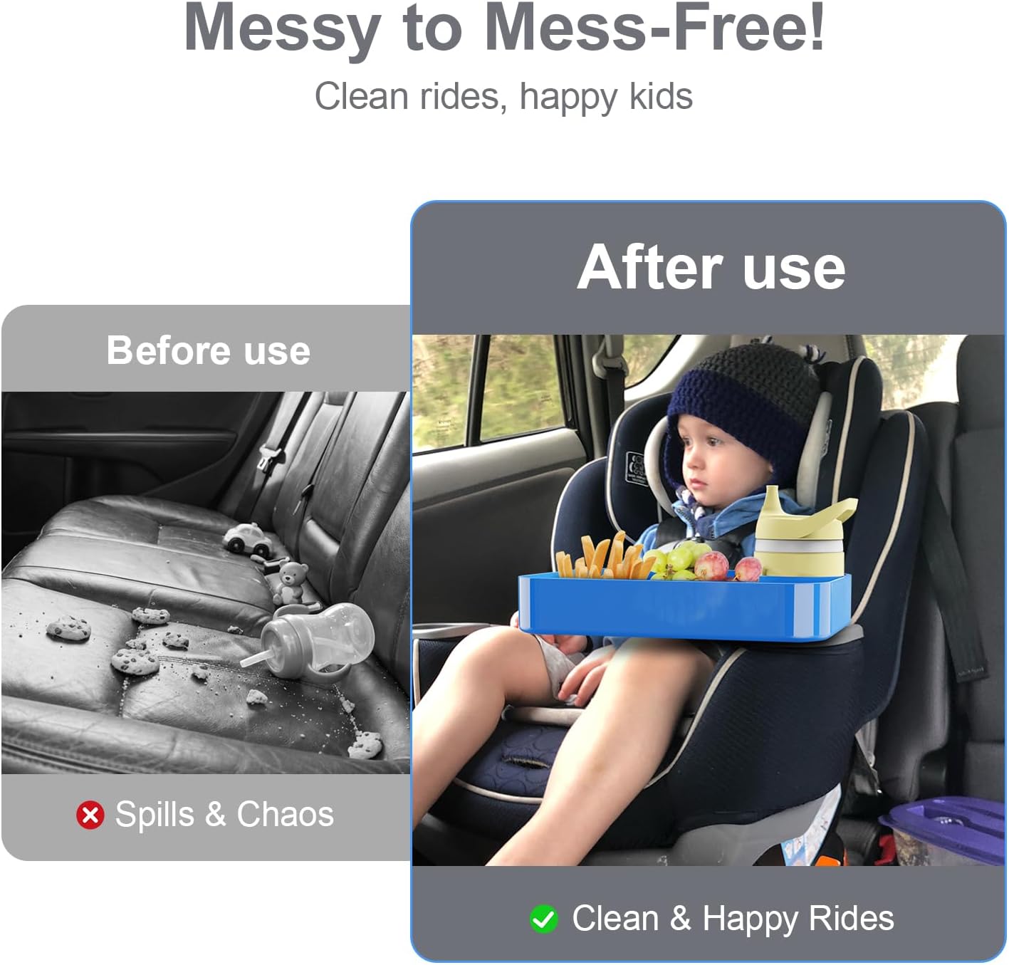 Car Seat Snack Tray for Toddlers - 3 Inch Cup Holder Fits Most Sippy Cups & Straw Bottles with Dip Well, Mess-Free Square Kids Travel Tray Road Trip Essentials, Black