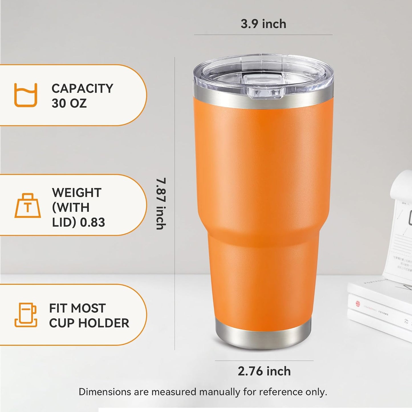 30 oz Tumbler with Lid Stainless Steel Tumblers Vacuum Insulated Cup Reusable Powder Coated Travel Mug Double Wall Leak Proof Portable Cups Keep Cold Drinks for 12 Hours, Stainless, 1 Pack