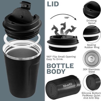 YINBAOGE Insulated Travel Coffee Mug, Spill & Leak Proof, Portable To Go Camping Stainless Steel Coffee Tumbler, Reusable Thermal Coffee Cup with Lid for Hot & Cold Drinks (Black, 12 OZ)