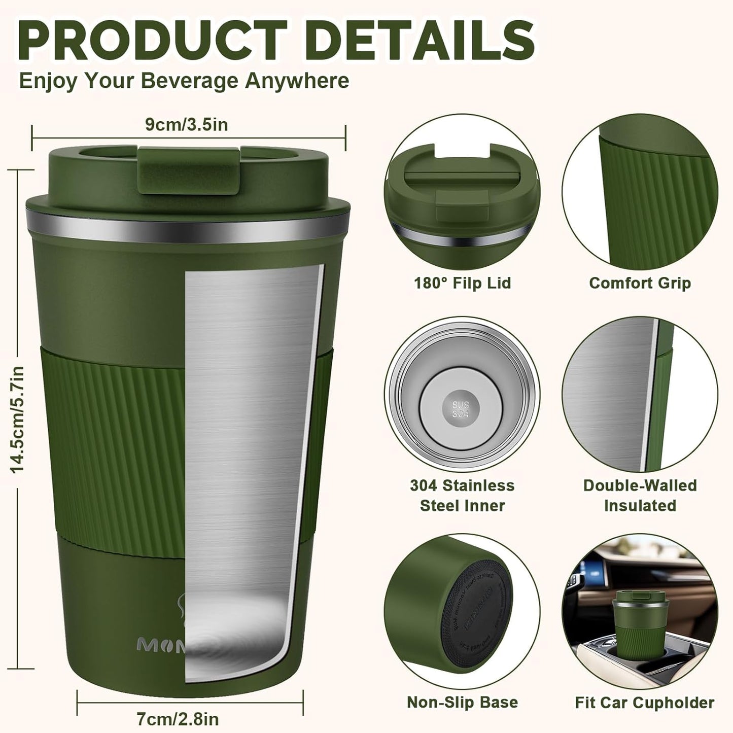 MOMSIV 12oz Travel Mug, Insulated Coffee Cup with Leakproof Lid, Travel Coffee Mug Vacuum Stainless Steel Double Walled Reusable Coffee Cup for Hot and Cold Water Coffee