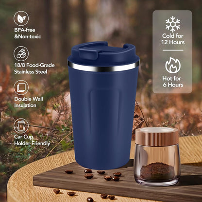 Volhoply 12 oz Double Wall Insulated Vacuum Travel Coffee Mugs with Flip Lid Bulk 2 Pack,Reusable Stainless Steel Leak Proof Coffee Cup,Portable Cafe Thermal Tumbler for Hot & Cold Drinks(Mix,2 Set)