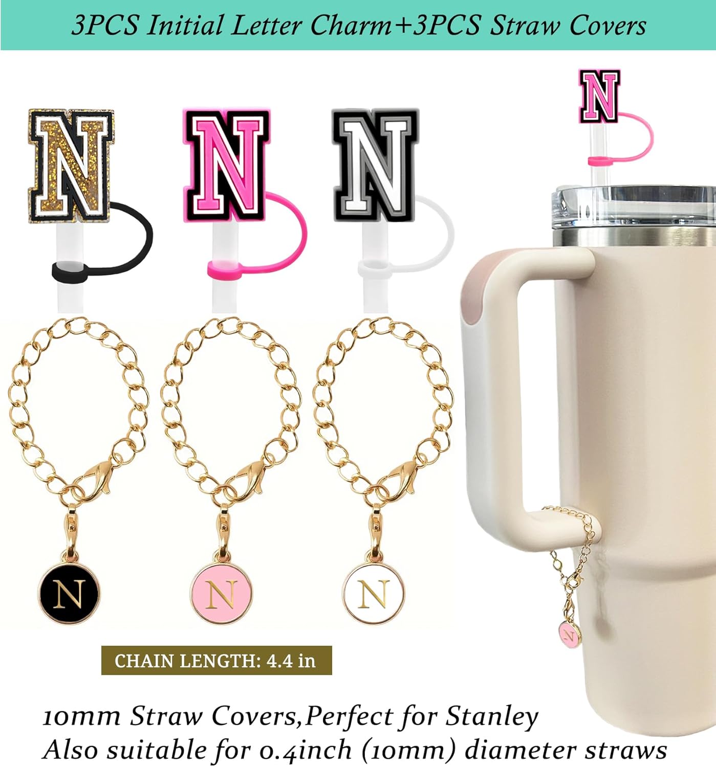 （3 +3) 3PCS Nuozme Straw Cover 10mm For Stanley Tumbler Cup Reusable Straw Cap Topper with 3 Initial Letter Charms Accessories Name ID Personalized Handle Charm For Stanley 30&40 Oz Cup Tumbler - Colors A