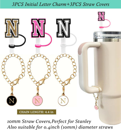 （3 +3) 3PCS Nuozme Straw Cover 10mm For Stanley Tumbler Cup Reusable Straw Cap Topper with 3 Initial Letter Charms Accessories Name ID Personalized Handle Charm For Stanley 30&40 Oz Cup Tumbler - Colors A