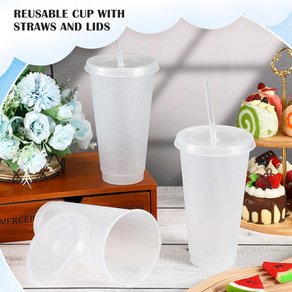 Uiifan 6 Pcs 24 oz Reusable Tumbler with Lids and Straws Plastic Iced Coffee Tumbler Glitter Travel Mug Cup for Smoothie Juices Birthday Party Cold Drink Coffee Cup Bulk for Adult Kid Women (Clear)