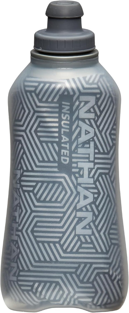 Nathan SpeedDraw 2 Insulated Handheld Running Water Bottle Flask 18oz – Double-Wall Insulation, Ergonomic Grip, Blast Valve Cap, Phone & Key Storage Pockets, Reflective Design
