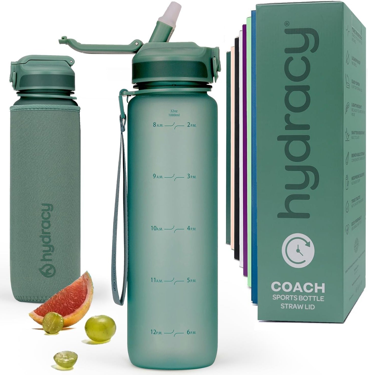 Hydracy Water Bottle with Time Marker -Large BPA Free Water Bottle & No Sweat Sleeve -Leak Proof Gym Bottle with Times to Drink - Ideal for Fitness Sports & Outdoors