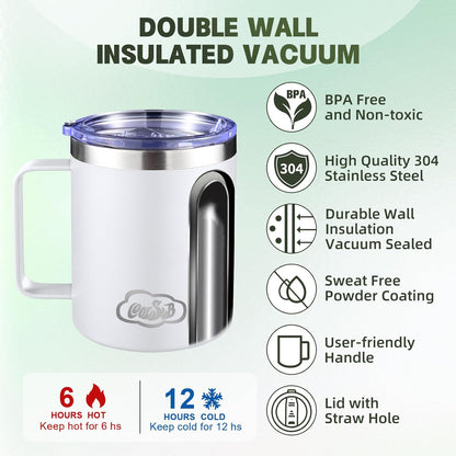 12oz Insulated Coffee Mug with Handle, Stainless Steel Wide Mouth Travel Tumblers with Lid, Double Wall Vacuum Coffee Cup for Camping, Office, Army Green 4 Pack