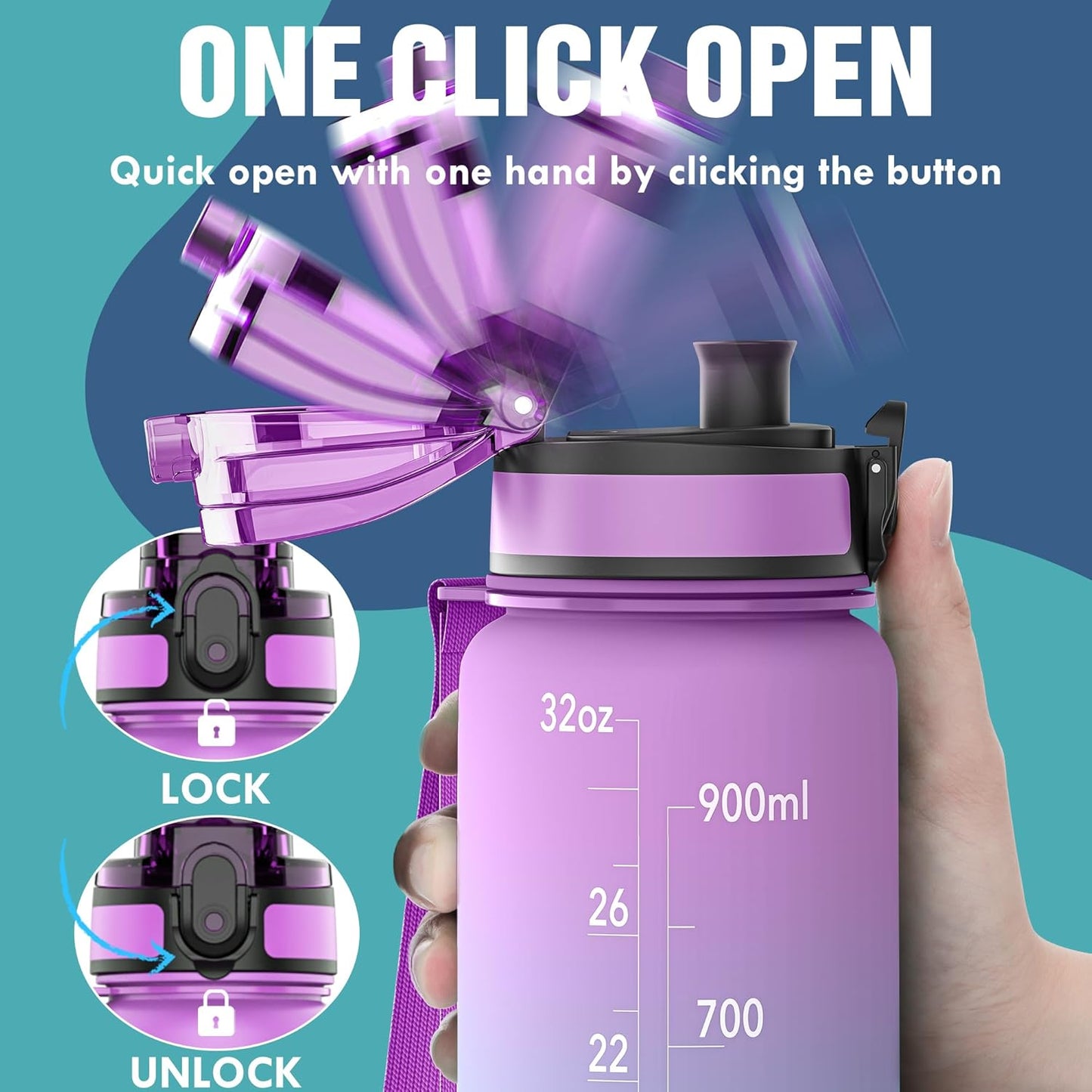 OLDLEY Water Bottle, 32oz Motivational Sports Water Bottle with Time Marker - Times to Drink - Tritan, BPA Free, Wide Mouth Leakproof, Clear (1 Bottle)