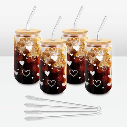 Glass Cups with Lids and Straws 1Pack,Glass Coffee Cups,Glass Cup with Lid for Iced Coffee,Smoothie,Cocktail,Beer,Whiskey,Soda,Matcha,16 Oz Glass Cup with Bamboo Lid,1 Brush