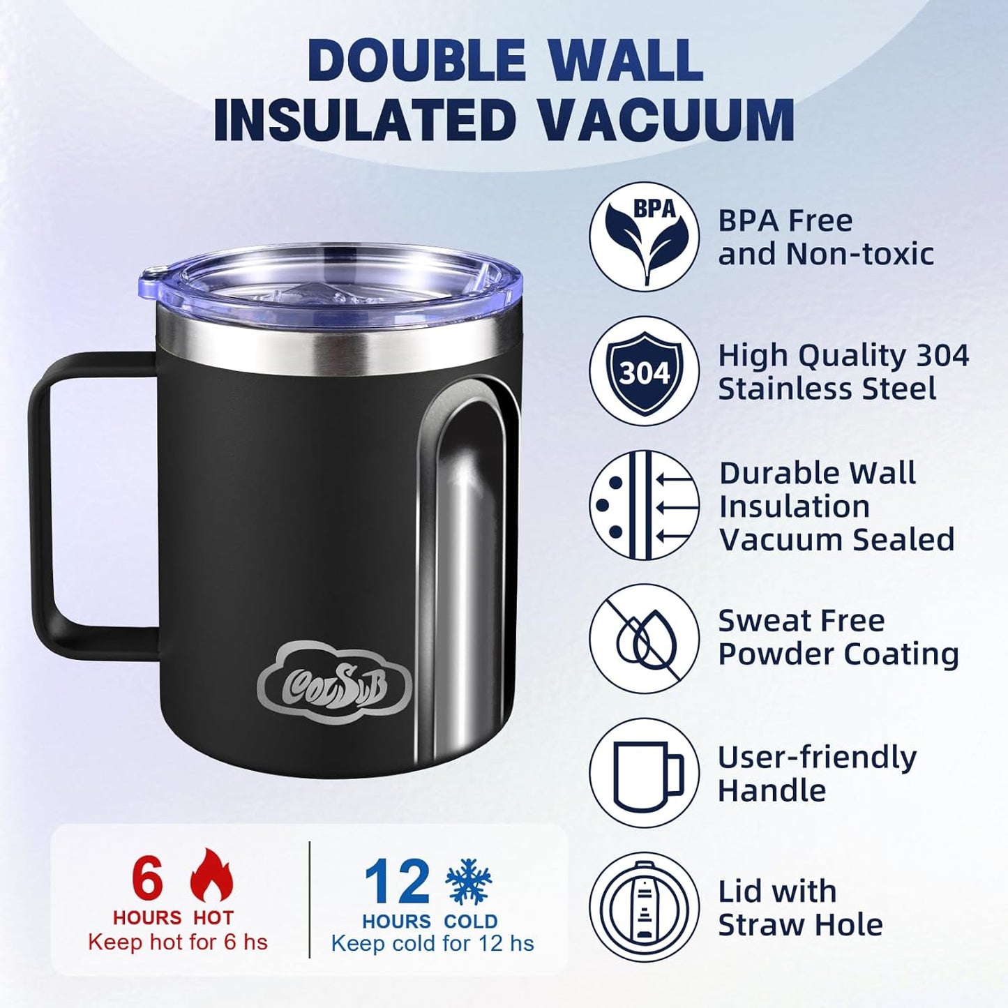 12oz Insulated Coffee Mug with Handle, Stainless Steel Wide Mouth Travel Tumblers with Lid, Double Wall Vacuum Coffee Cup for Camping, Office, Army Green 4 Pack