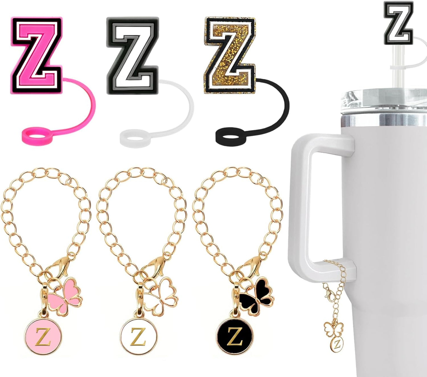 （3 +3) 3PCS Nuozme Straw Cover 10mm For Stanley Tumbler Cup Reusable Straw Cap Topper with 3 Initial Letter Charms Accessories Name ID Personalized Handle Charm For Stanley 30&40 Oz Cup Tumbler - Colors A