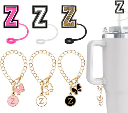 （3 +3) 3PCS Nuozme Straw Cover 10mm For Stanley Tumbler Cup Reusable Straw Cap Topper with 3 Initial Letter Charms Accessories Name ID Personalized Handle Charm For Stanley 30&40 Oz Cup Tumbler - Colors A