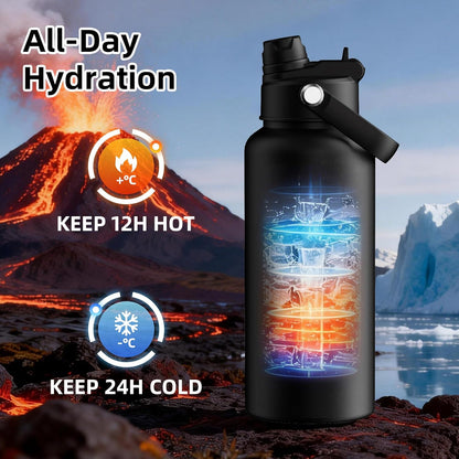 26oz Insulated Water Bottle with 2-in-1 Straw and Spout Lid, 304 Stainless Steel Water Bottle Keep Cold for 24H,Leak-Proof,Sports Water Bottle with Braided Carry Strap for Gym,Travel,Outdoors,Black