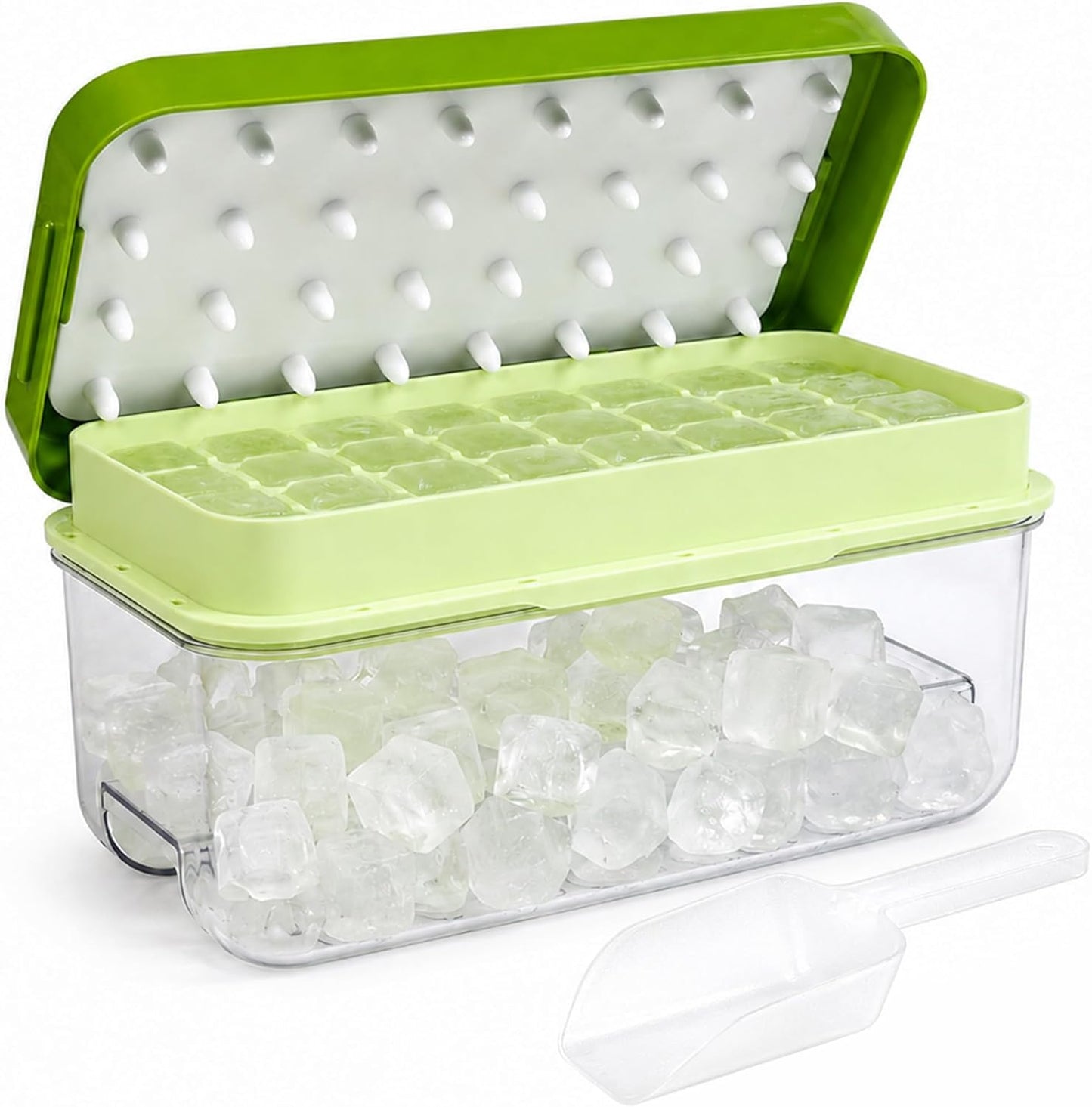Ice Trays for Freezer with Lid & Bin, Ice Cube Tray Making 64 pcs Ice Cubes, Easy Press to Release Ice, Ice Tray with Storage Bin Chilling Cocktail Whiskey Coffee 2 Trays 1 Ice Bucket & Scoop (Black)