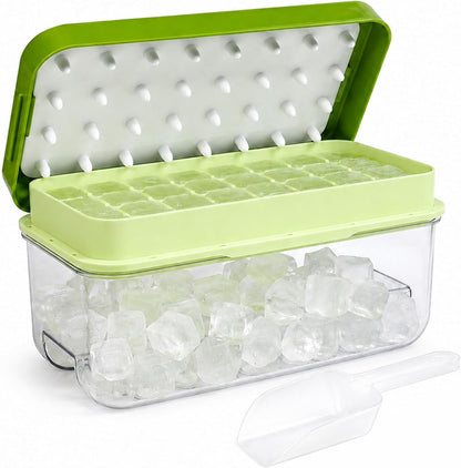 Ice Trays for Freezer with Lid & Bin, Ice Cube Tray Making 64 pcs Ice Cubes, Easy Press to Release Ice, Ice Tray with Storage Bin Chilling Cocktail Whiskey Coffee 2 Trays 1 Ice Bucket & Scoop (Black)