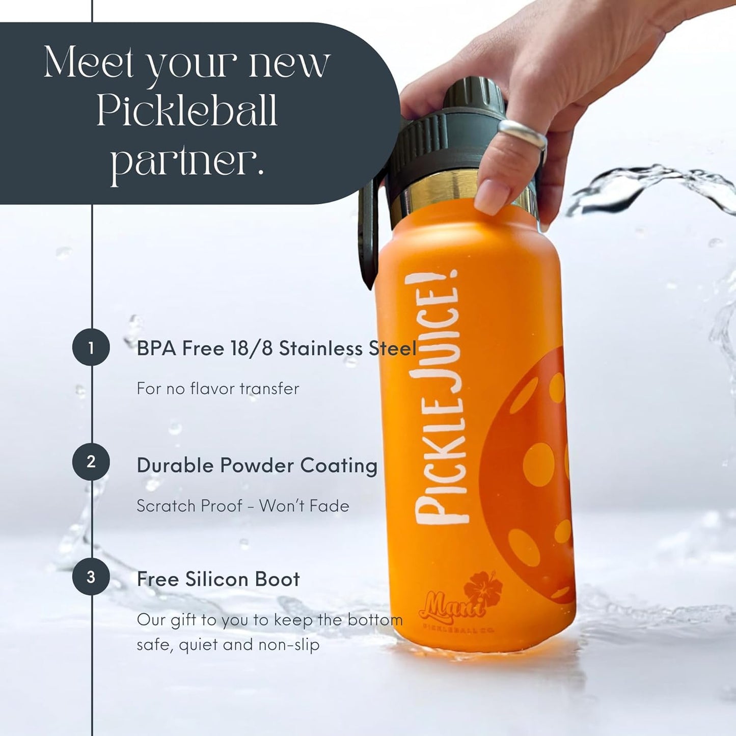 Maui Pickleball Co.™ Pickleball Water Bottle 32oz Insulated Stainless Steel Water Bottle PickleBall Accessories Pickleball Gifts Sip/Swig Lid with Carry Handle