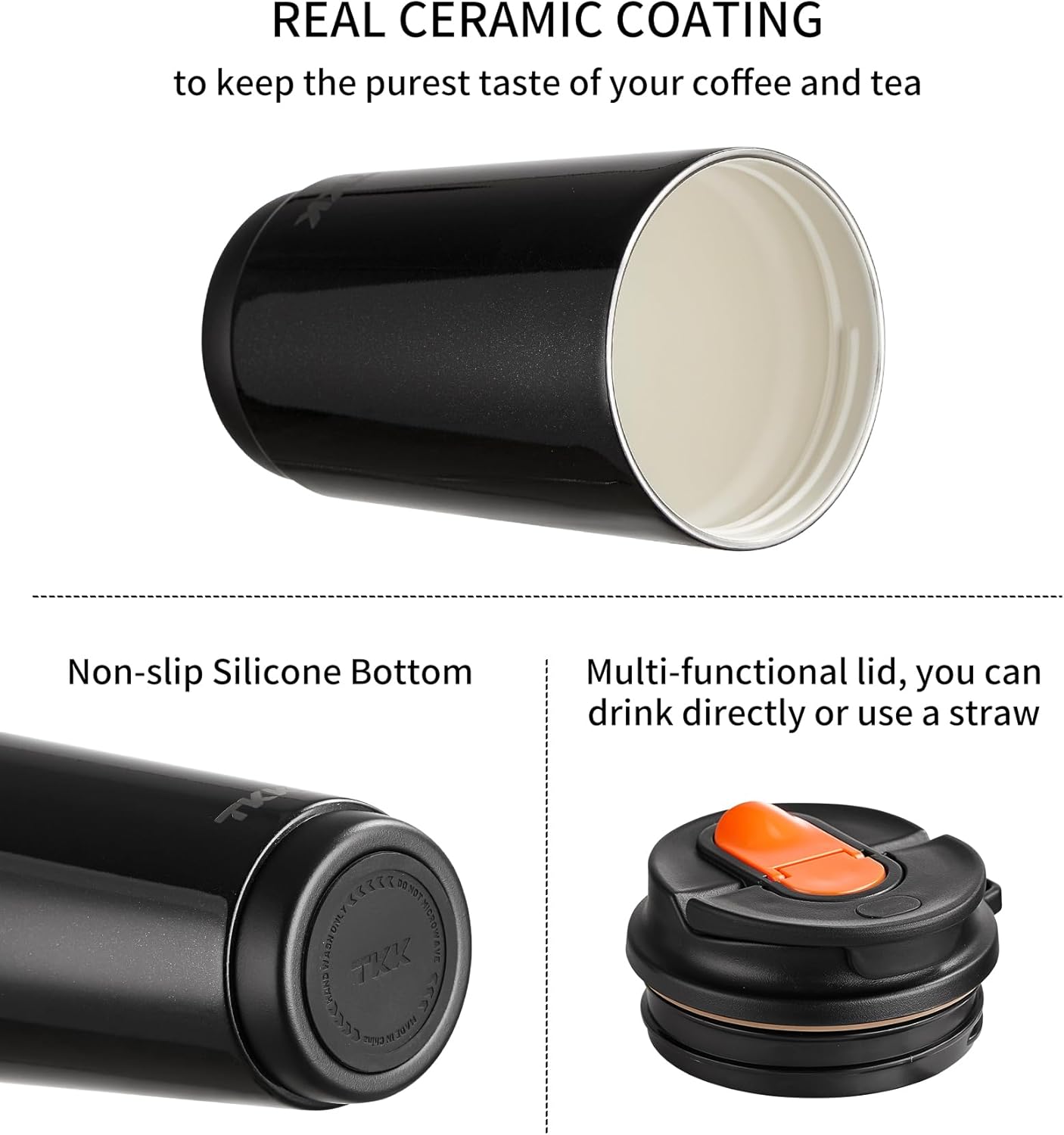 TKK Coffee Cup with Ceramic Coating - 14oz Insulated Stainless Steel Travel Mug, Leak-Proof Tumblers with Straw for Hot/Cold Beverages, Easy Wide Mouth Cleaning, White