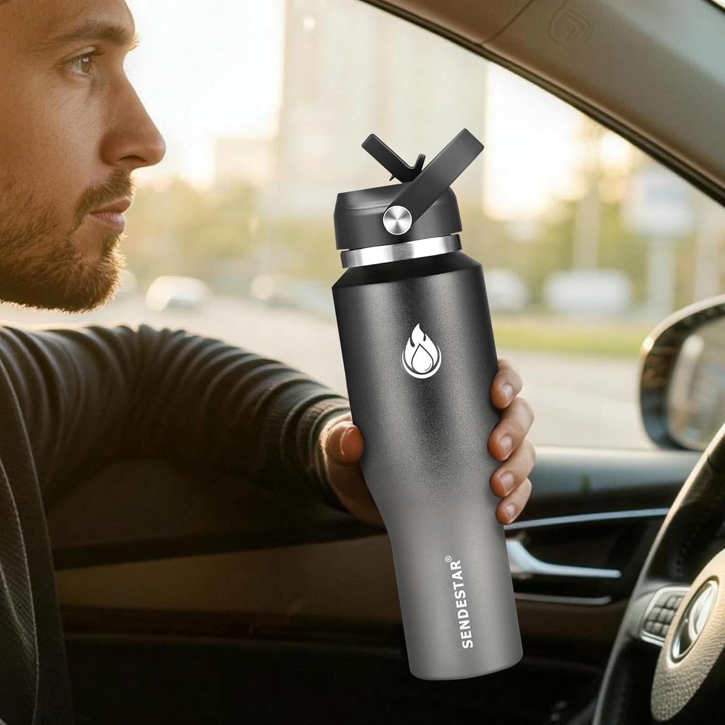 SENDESTAR 40oz Water Bottle Wide Mouth Stainless Steel Vacuum Insulated Double Wall with Straw Lids Fit in Any Car Cup Holder