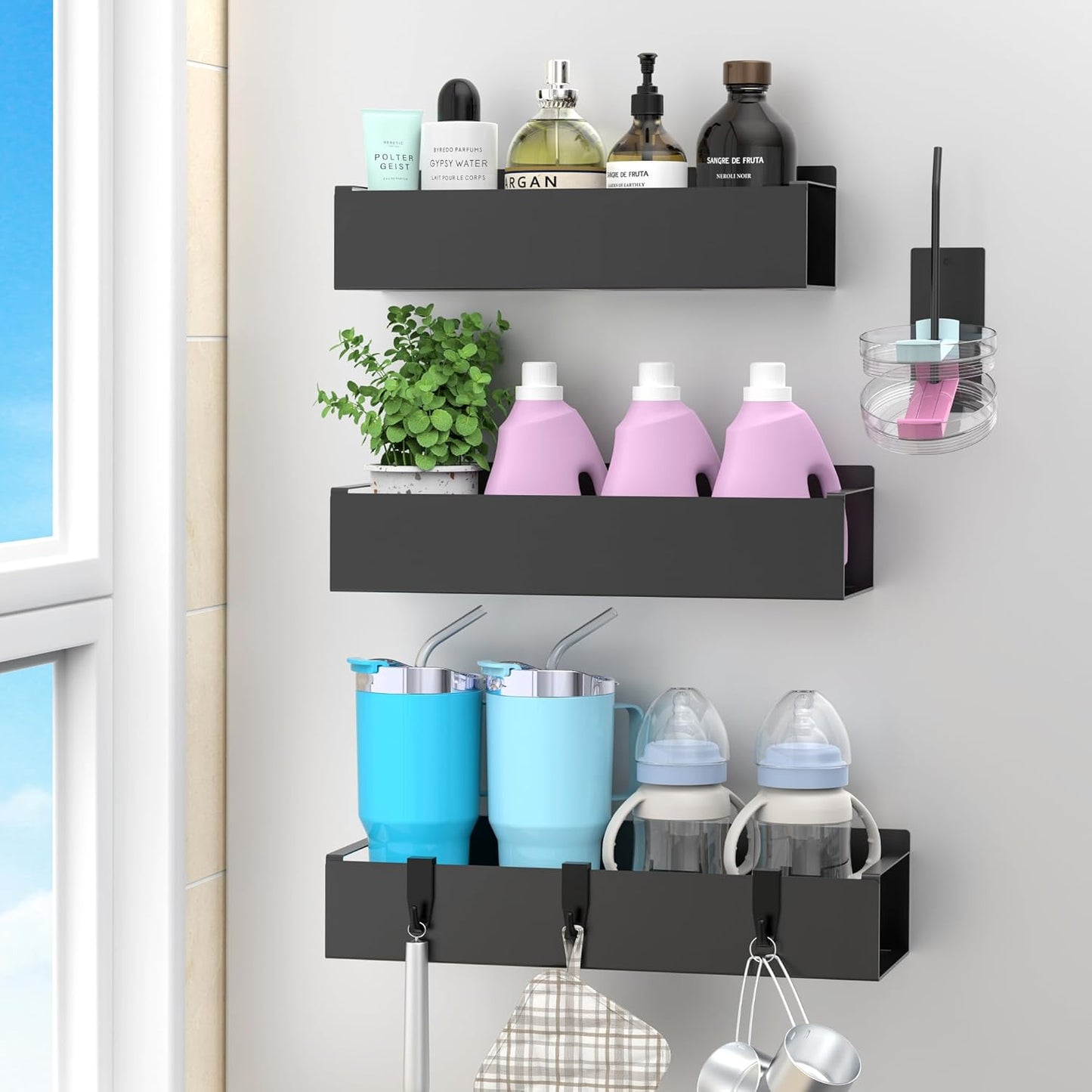 HuggieGems Magnetic Water Bottle Holder for Refrigerator, Cup Holder Organizer for Stanley and Tumbler for Kitchen, 4 Pack, Black