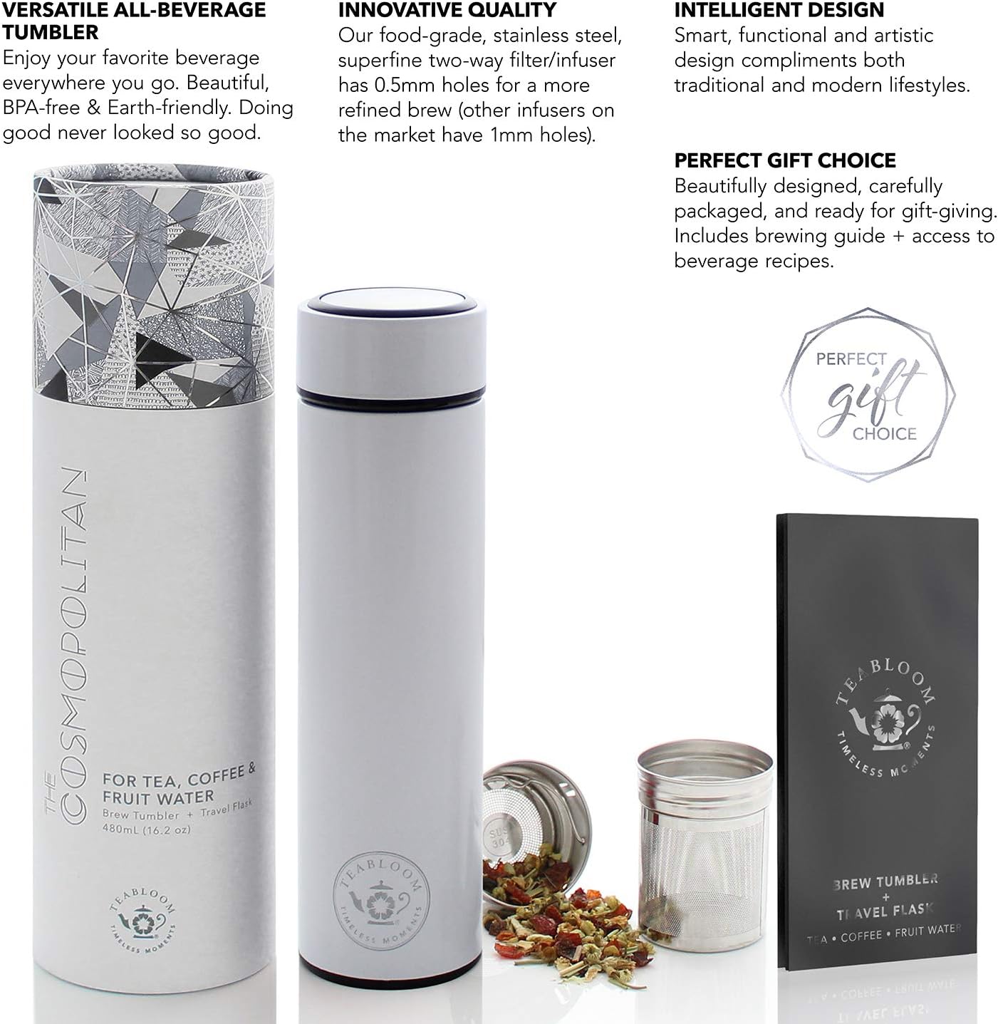 Teabloom - The ORIGINAL All-Brew Travel Tumbler & Thermos | OPRAH’s Favorite | 16oz/480ml Stainless Steel Insulated Water Bottle/Tea Flask/Cold Brew Coffee Mug