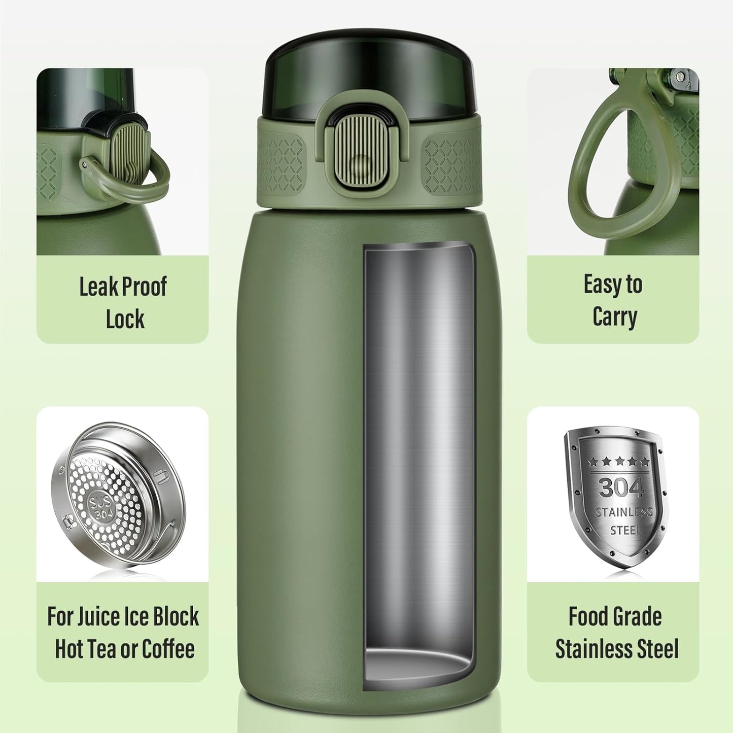 Insulated Water Bottle 24 oz with Dustproof Lid, Carry Handle & Tea Infuser, BPA-Free & Leakproof, Stainless Steel Water Bottles Ideal for Fitness, Hiking, Office & Outdoor Use (Black)