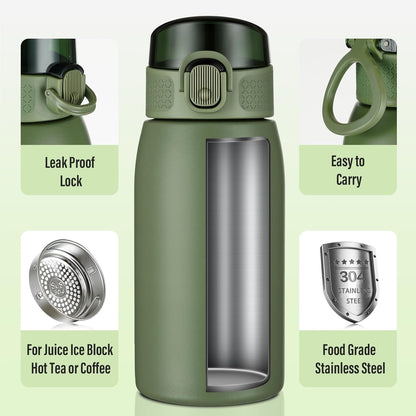 Insulated Water Bottle 24 oz with Dustproof Lid, Carry Handle & Tea Infuser, BPA-Free & Leakproof, Stainless Steel Water Bottles Ideal for Fitness, Hiking, Office & Outdoor Use (Black)