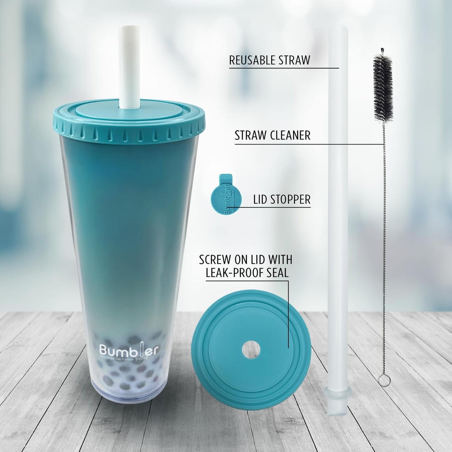 Bumbler Original Boba Tea Cup - 24oz Double-Walled Plastic Reusable Tumbler with Extra Wide Straw & Leak-Proof Lid - BPA-Free Smoothie & Iced Coffee Travel Mug - Blush Pink
