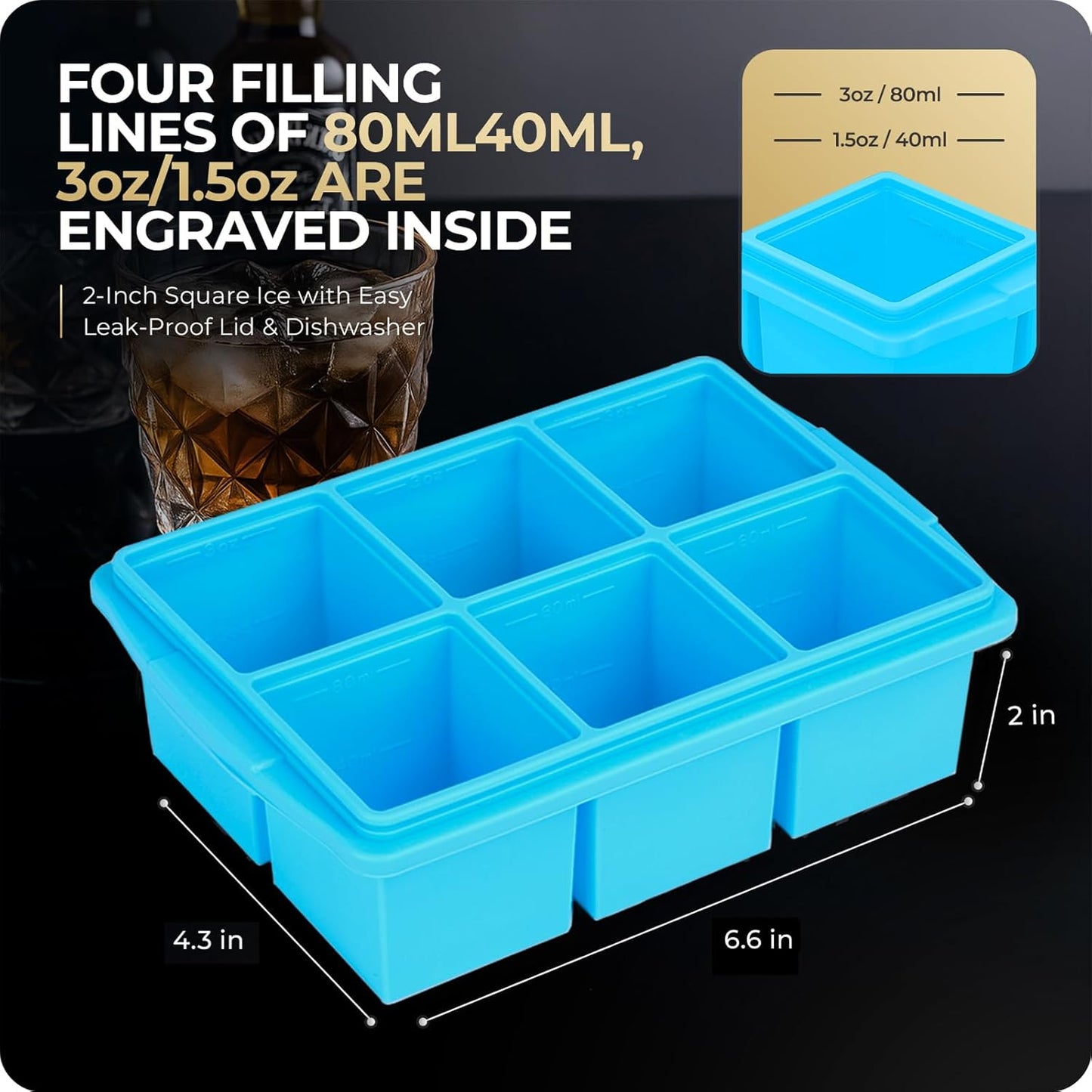 Large Ice Cube Trays for Whiskey, Silicone Ice Cube Tray, with Reinforced Steel Ring Top, Makes 12 perfect 2-in ice cubes, Square Ice Tray for Cocktails, Whiskey, Coffee. (2 Pack)