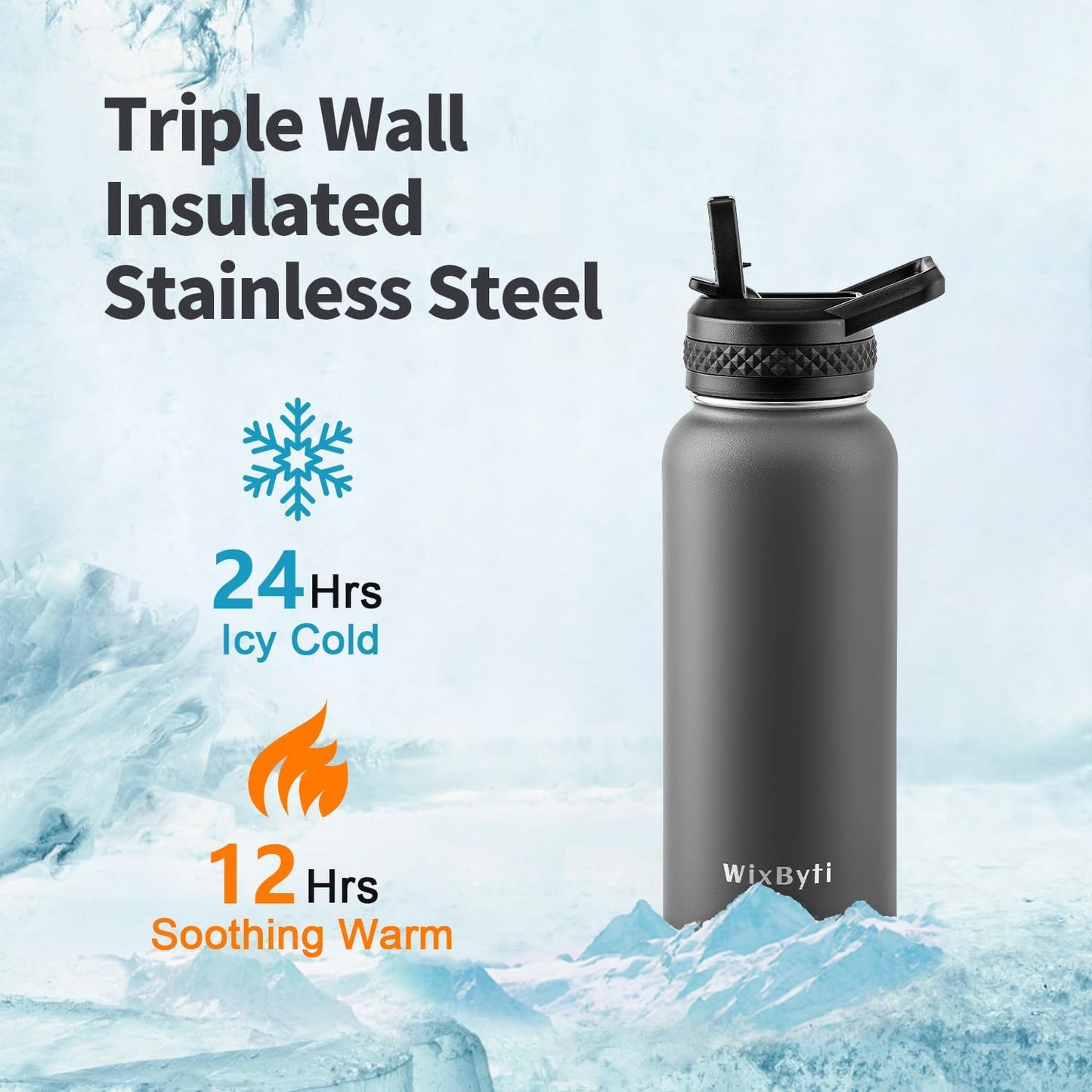 WixByti 40 oz Insulated Water Bottle with Straw (Cold for 36 Hrs), Stainless Steel Triple Wall Vacuum Sports Water Jug, Leakproof Hydro Cup Flask with Paracord Handle & Straw Spout Lids & DIY Stickers