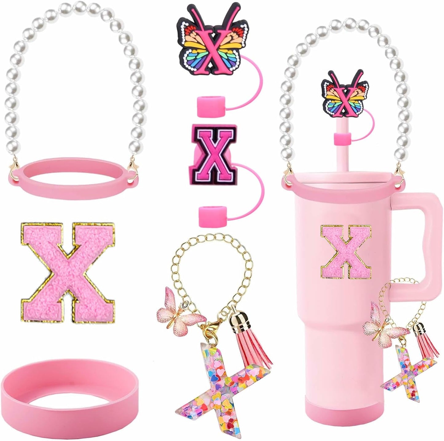 7pcs Cup Accessories for Stanley 30/40oz Tumbler, Handle Strap, Straw Cover, Silicone Boot, Letter Charm Stickers