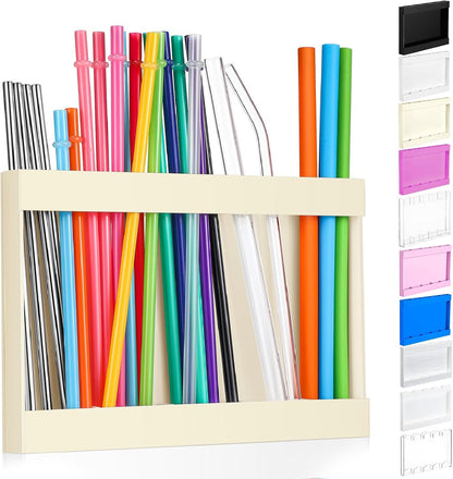 Qinyoung Acrylic Straw Holder for Cabinet Door with Double Sided Adhesive Tape Reusable Straw Organizer Tumbler Storage Kitchen Accessories Container for Counter Cupboard(Classic,Large,Transparent)