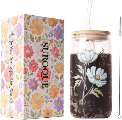 SUROQUE 20oz Ribbed Glass Tumblers with Lids & Straws, Ideal for Iced Coffee, Cocktails & More - Includes Cleaning Brush