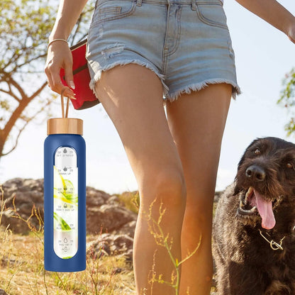 Aqulea Glass Water Bottles 25 Oz with Silicone Sleeve - BPA Free Reusable Wide Mouth Glass Motivational Water Bottles with Fruit Infuser – Leak Proof Borosilicate Water Bottle with Time Marker (White)