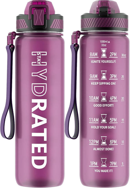 QLUR Water Bottle with Straw, 32oz Motivational Water Bottles with Time Marker to Drink, Tritan BPA Free, 1L Sports Water Bottle with Carry Strap LeakProof for Women Gym Fitness Outdoor (1 Pack)