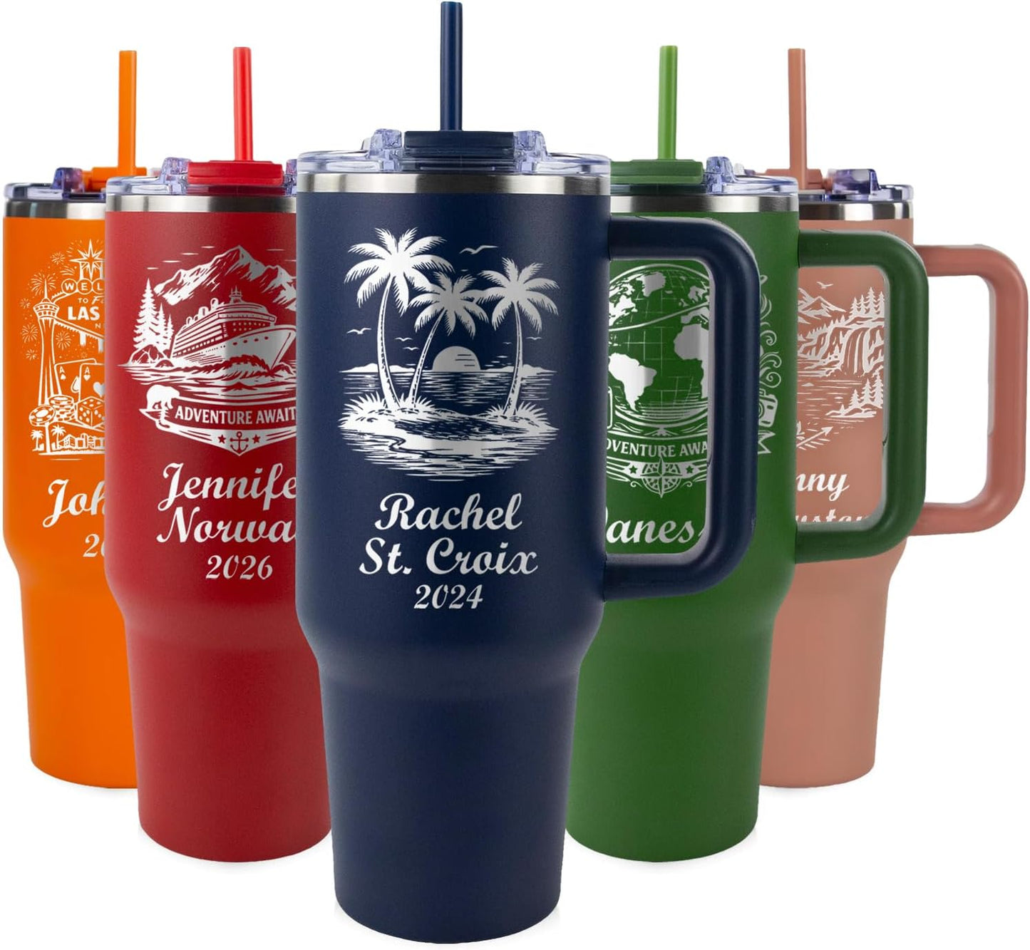 Personalized Vacation Tumbler 40 oz – Engraved Tumbler, With Handle, 2 Straws, Brush and Pad, for Family Vacation, Girls Trip & Cruise, Beach & Road Trip Cup, Durable Powder Coated, Made in USA
