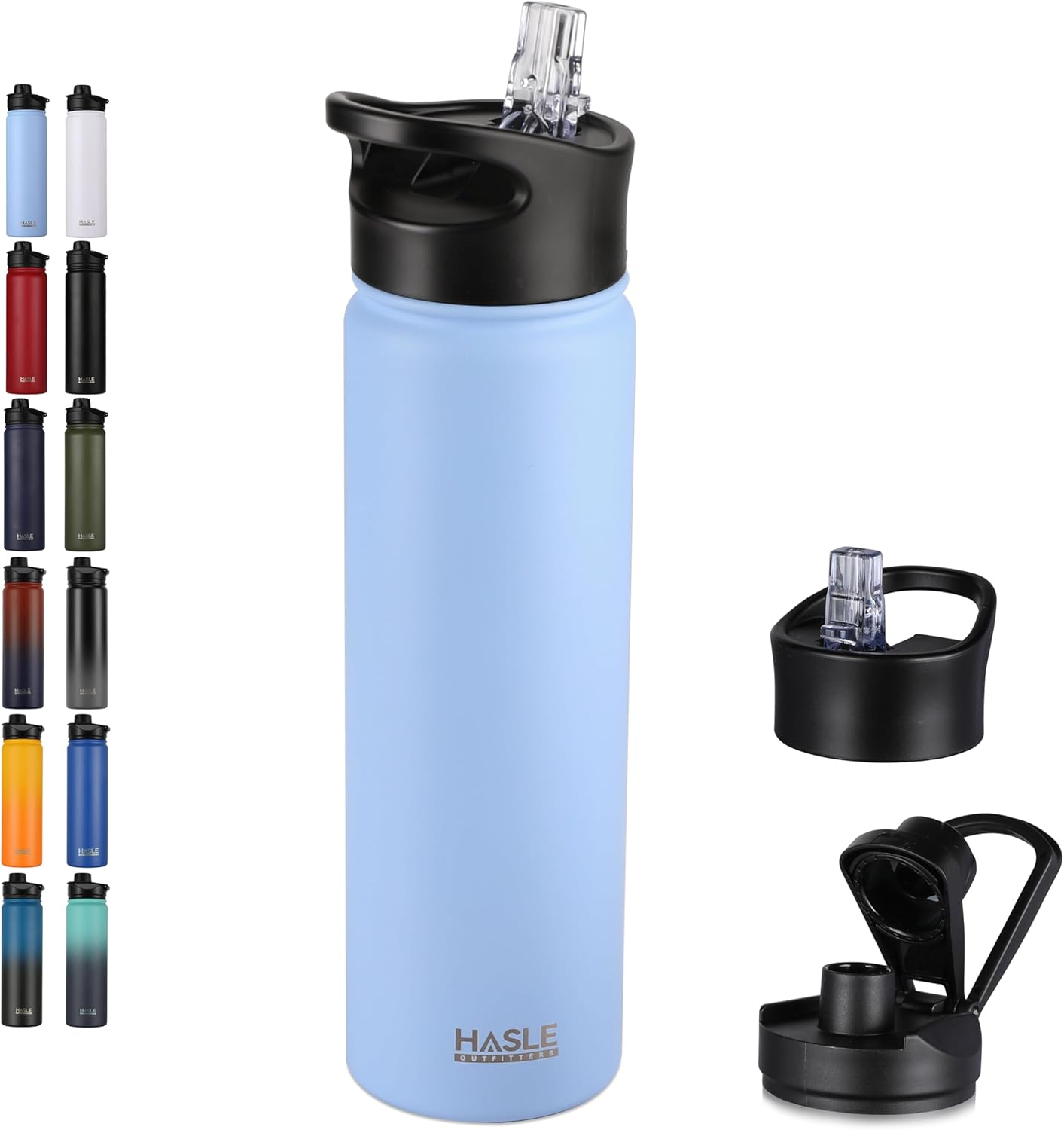 HASLE OUTFITTERS 32 oz Insulated Water Bottle Stainless Steel Double Walled Vacuum Sports Water Bottle with 2 Lids (Straw and Spout Lid) for Gym Camping Hiking(Black,1)